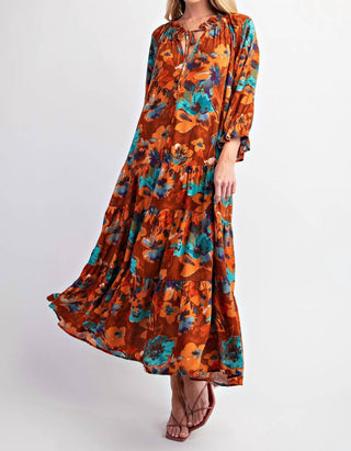 Easel - Fall Floral Print Ruffle Maxi Dress