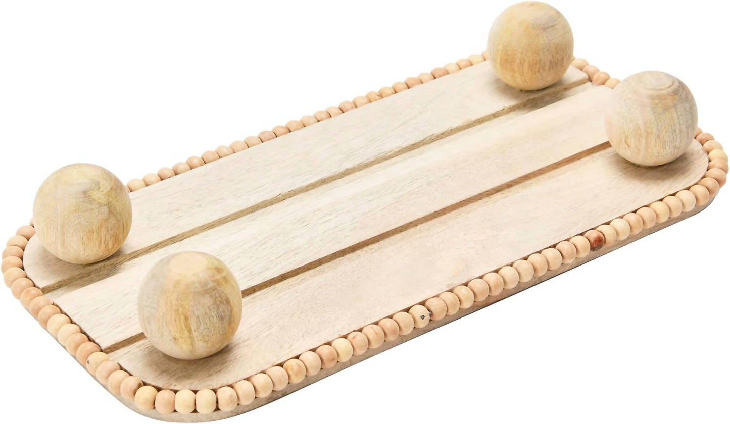 Creative Co-Op - Mango Wood Pedestal With Wood Beads Serving Tray