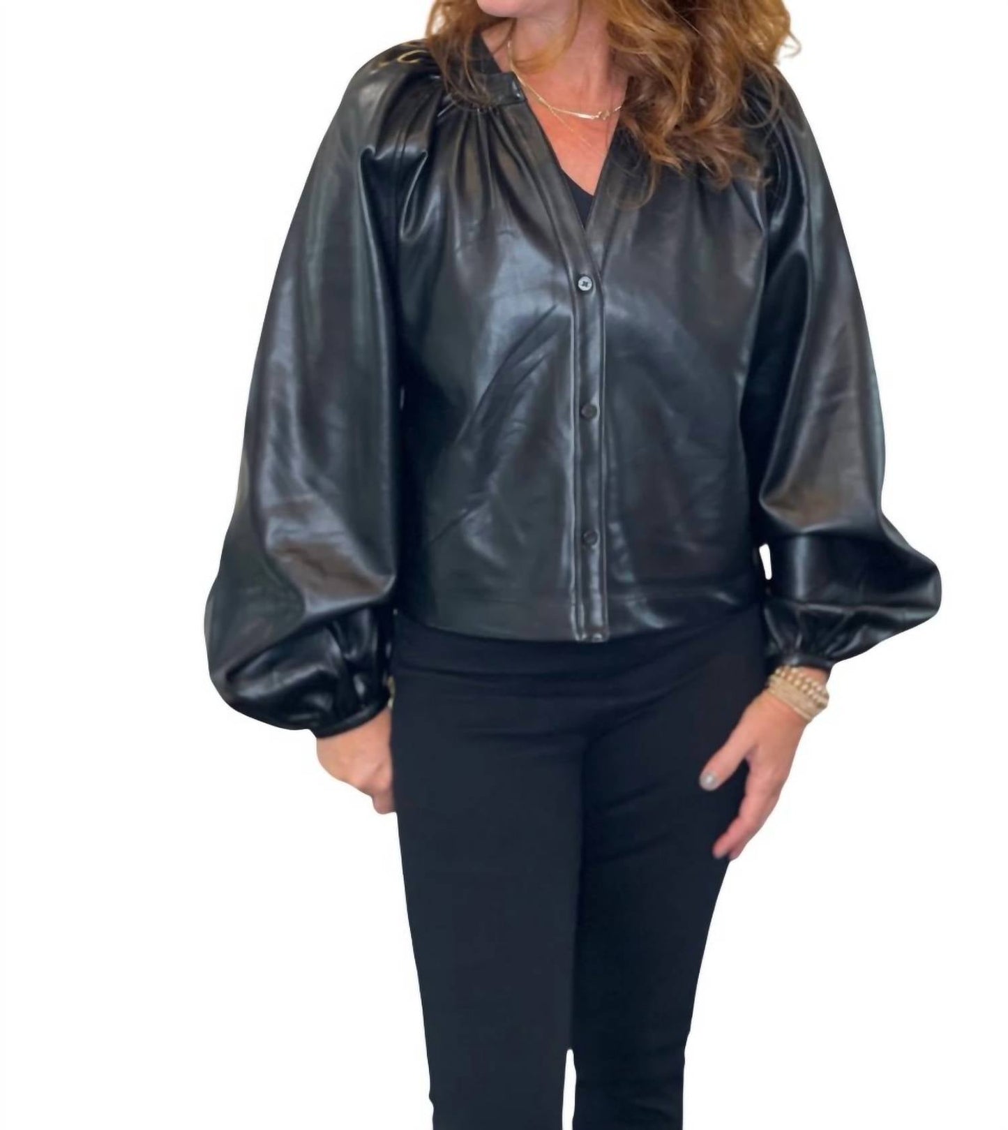 Dolce Cabo - Vegan Leather Button Down Peasant Top