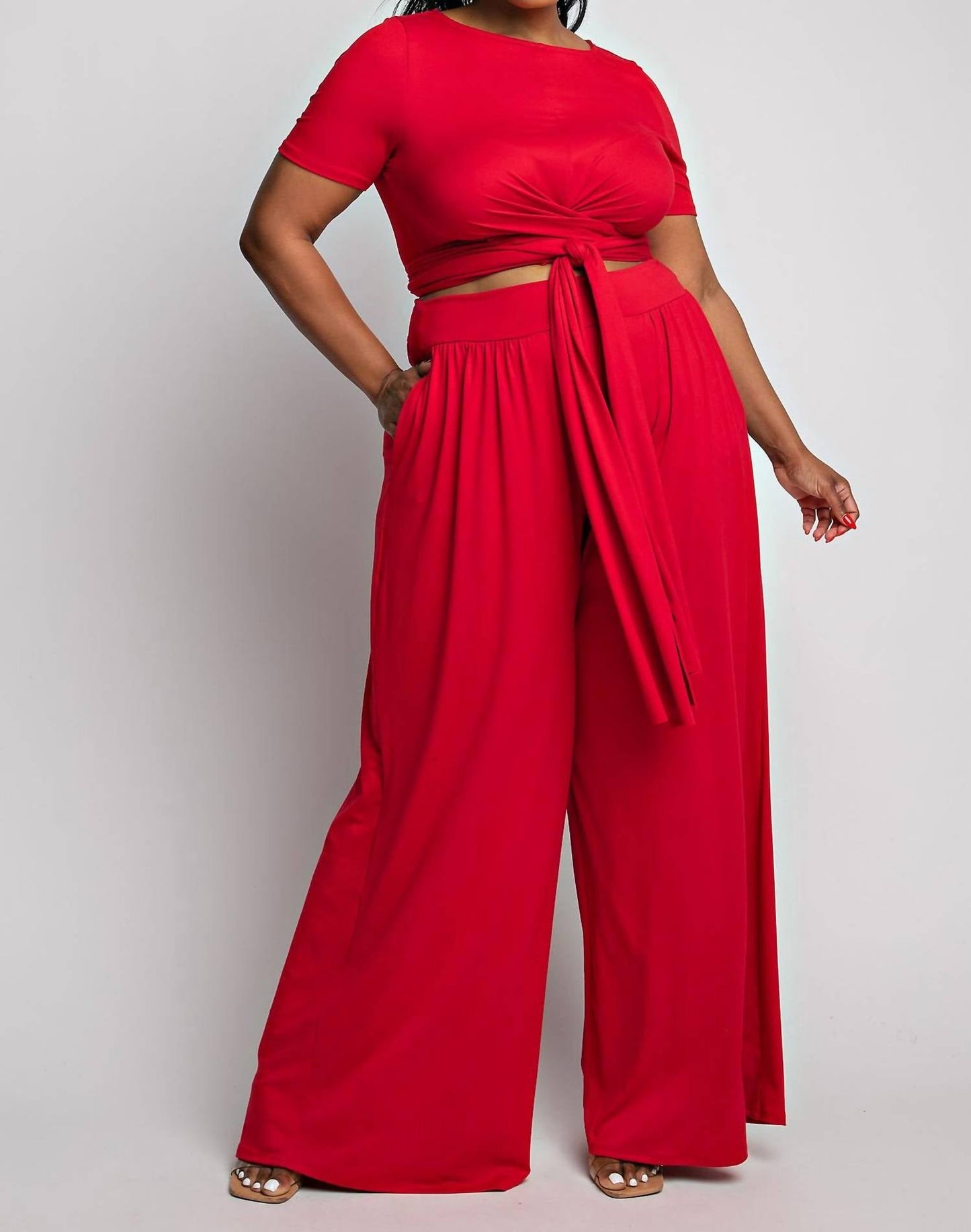The Curve La - Plus Size Wrap Around Short Sleeve Top And Pants Set
