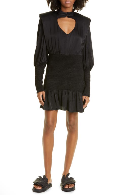 FARM Rio Smocked Mock Neck Cutout Long Sleeve Dress in Black, Size Large