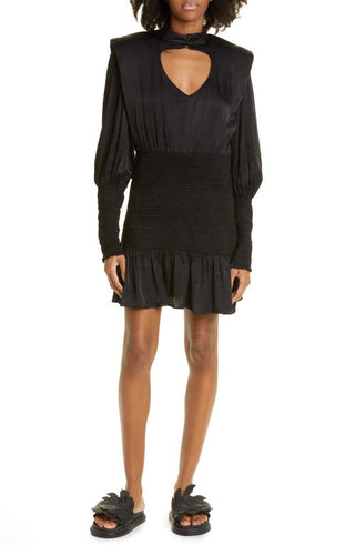 FARM Rio Smocked Mock Neck Cutout Long Sleeve Dress in Black, Size Large