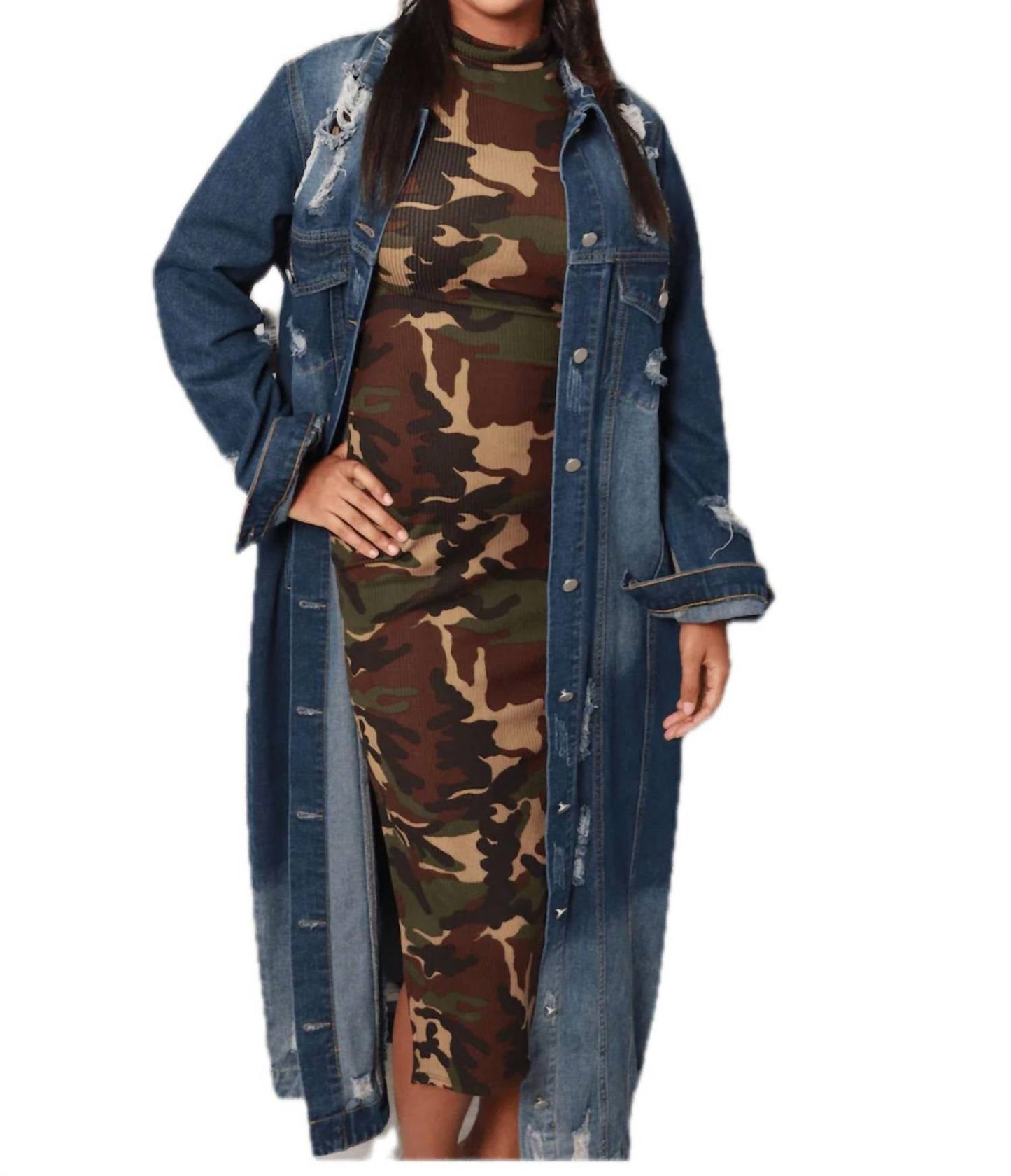 Kara Chic - Ripped Long Denim Jacket