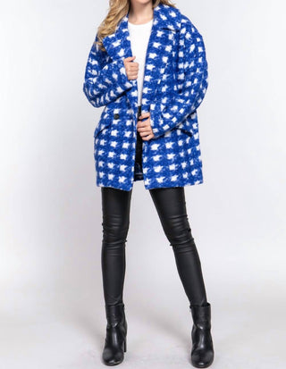 Active Usa - Double Breasted Check Print Boucle Fleece Coat