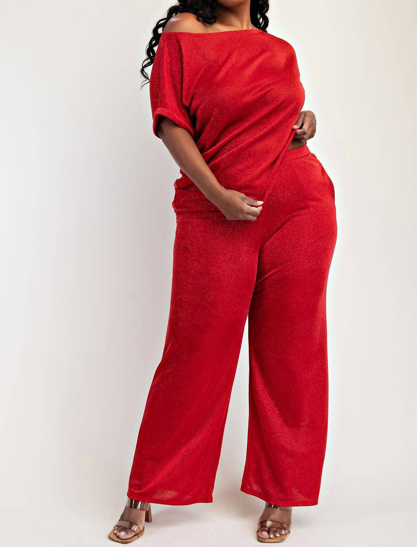 The Curve La - Plus Size Glitter Knit Short Sleeve Top And Wide Leg Pants Set