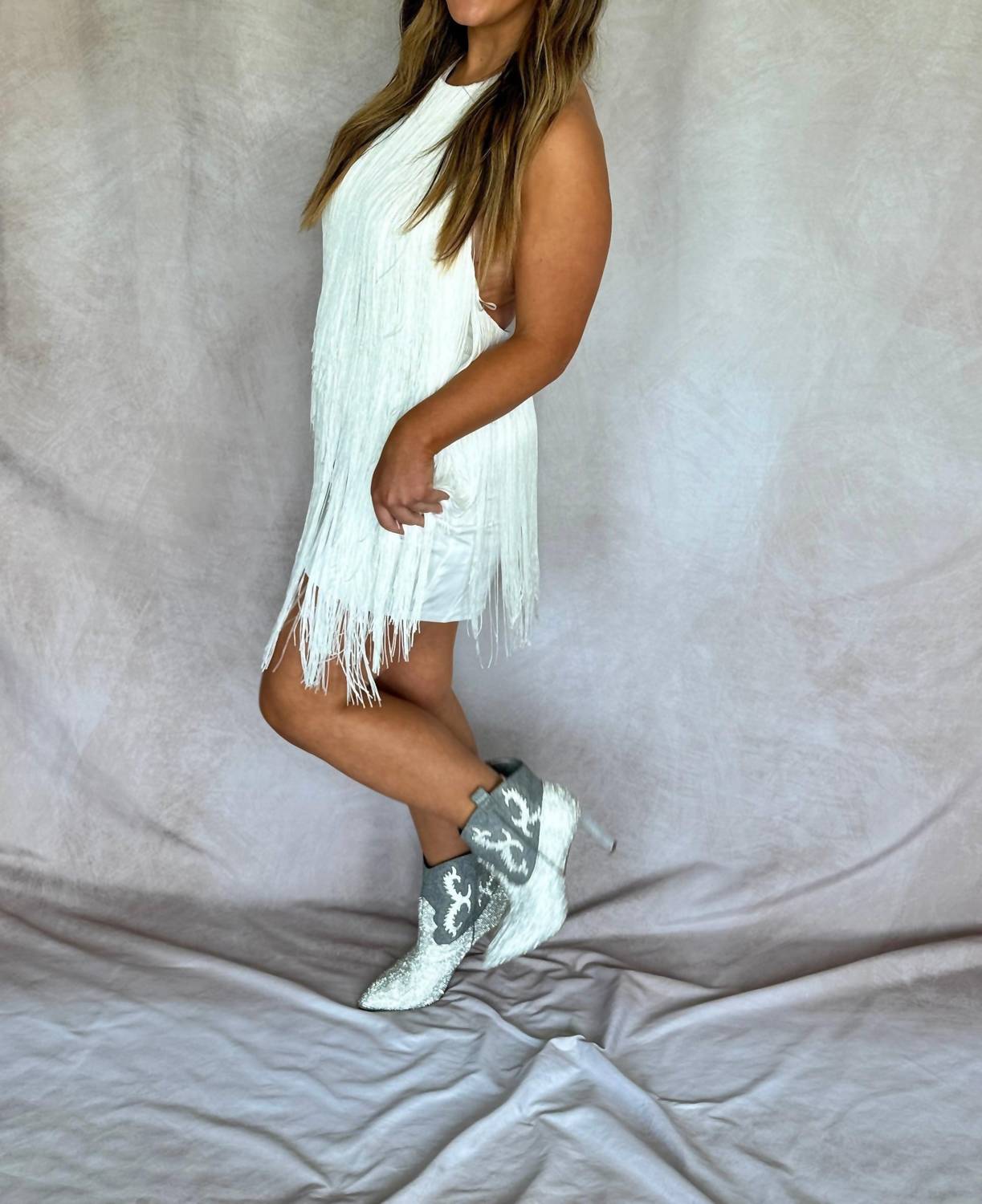 Fore - Fringe Low Back Halter Dress