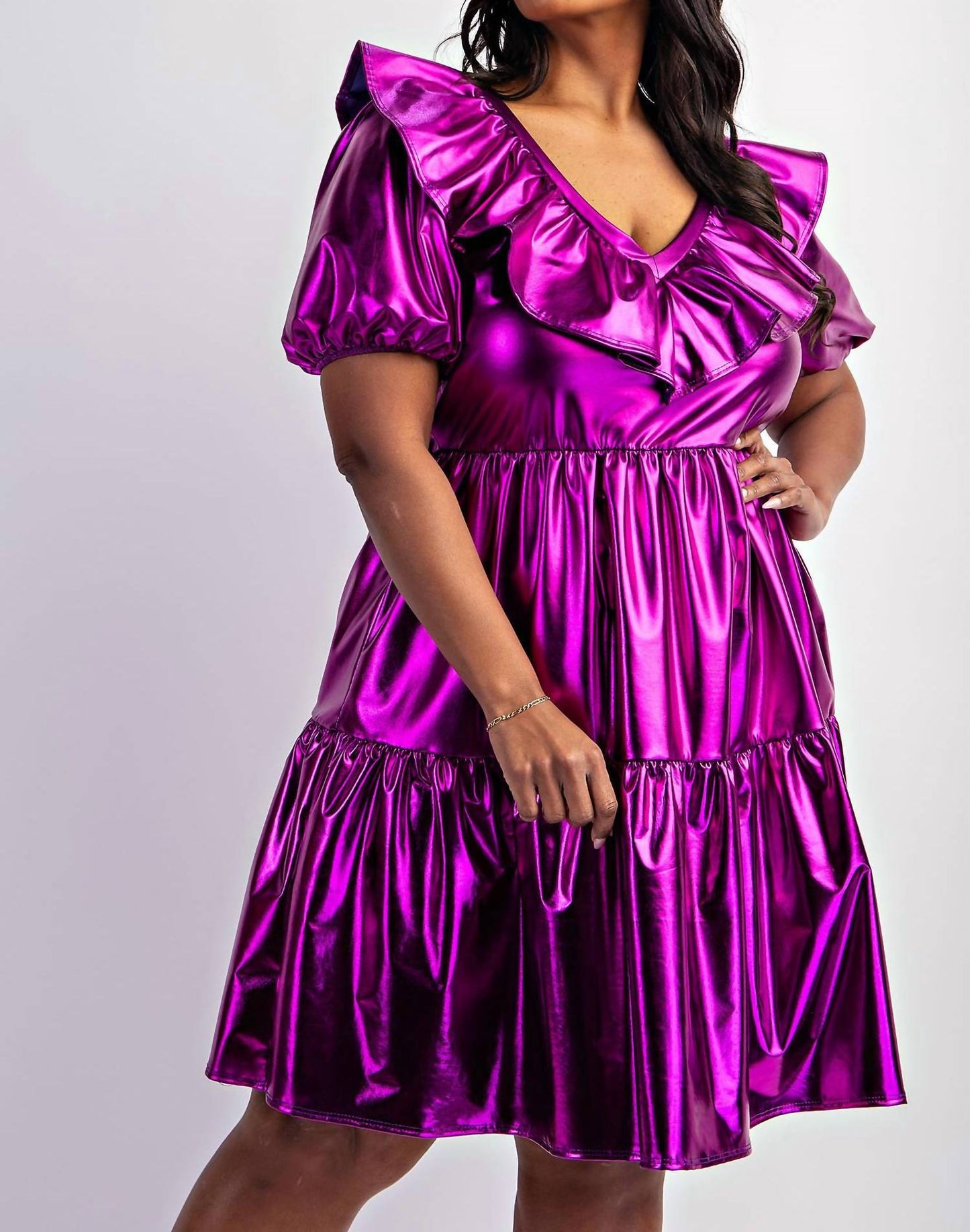 The Curve La - Plus Size Faux Leather Tiered Puff Sleeve Short Dress