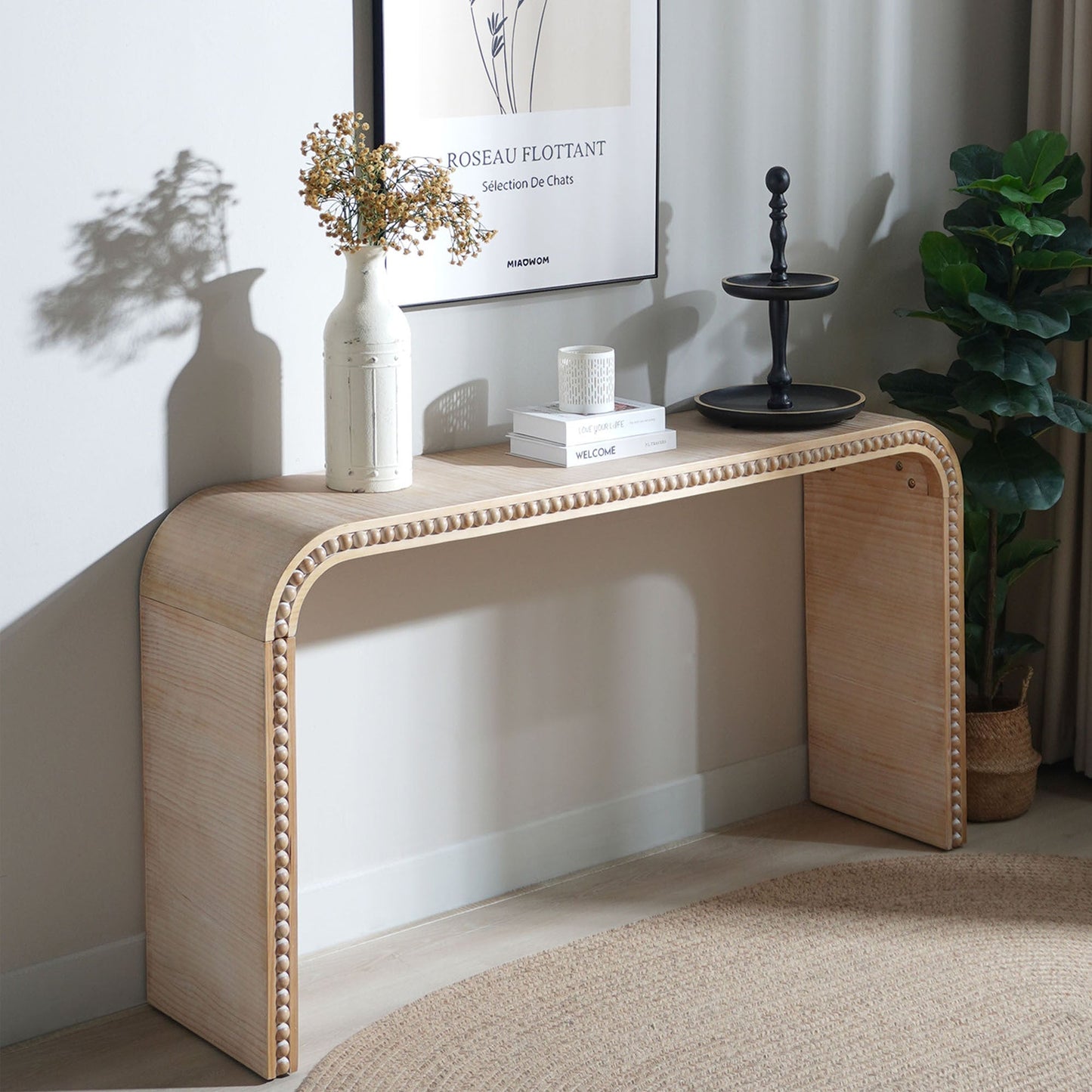 59in Console Table with Wood Beads and Curved Waterfall-Style Frame
