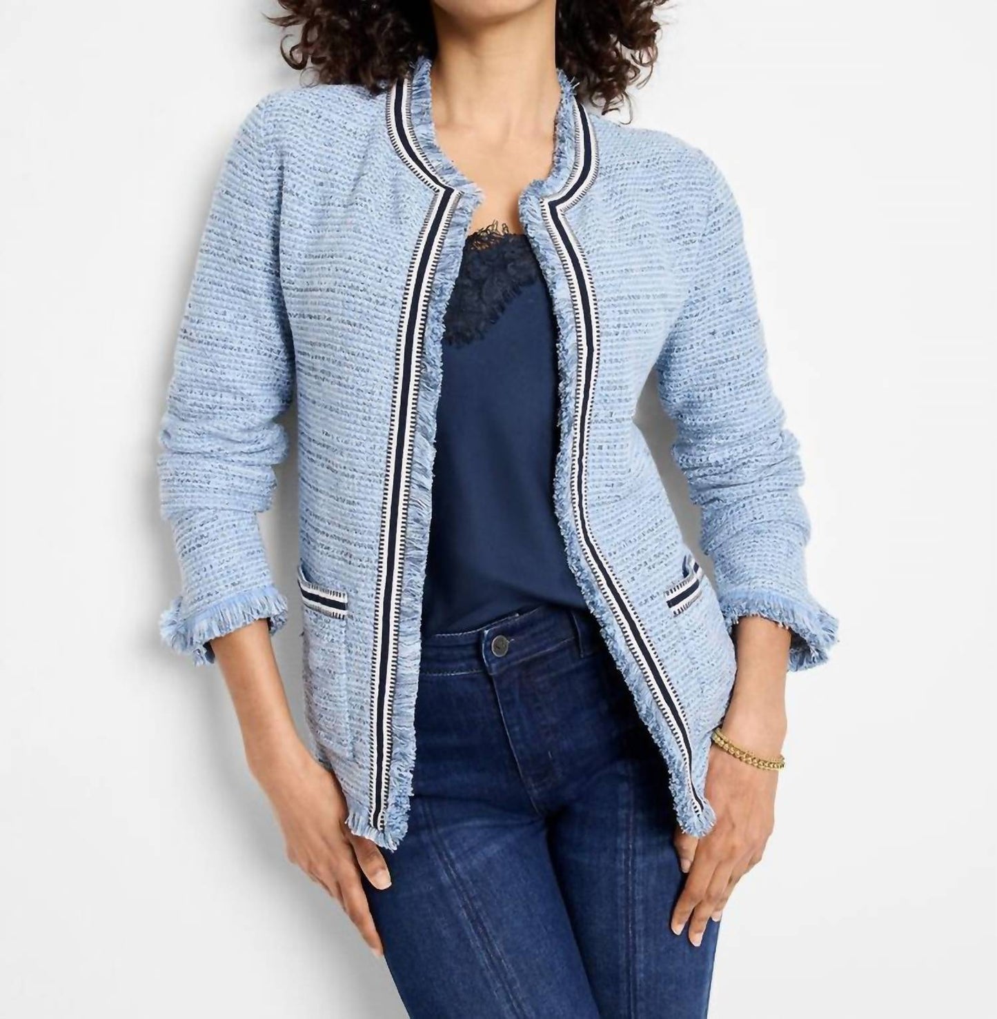 Nzt By Nic+Zoe - Indigo Fringe Mix Knit Jacket