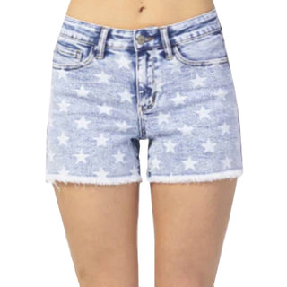 Judy Blue - Mid Rise Star Print Acid Wash Cut Off Shorts