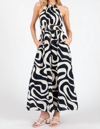 Calista - Navy Print Smocked Waist Halter Neck Back Tie Maxi Dress