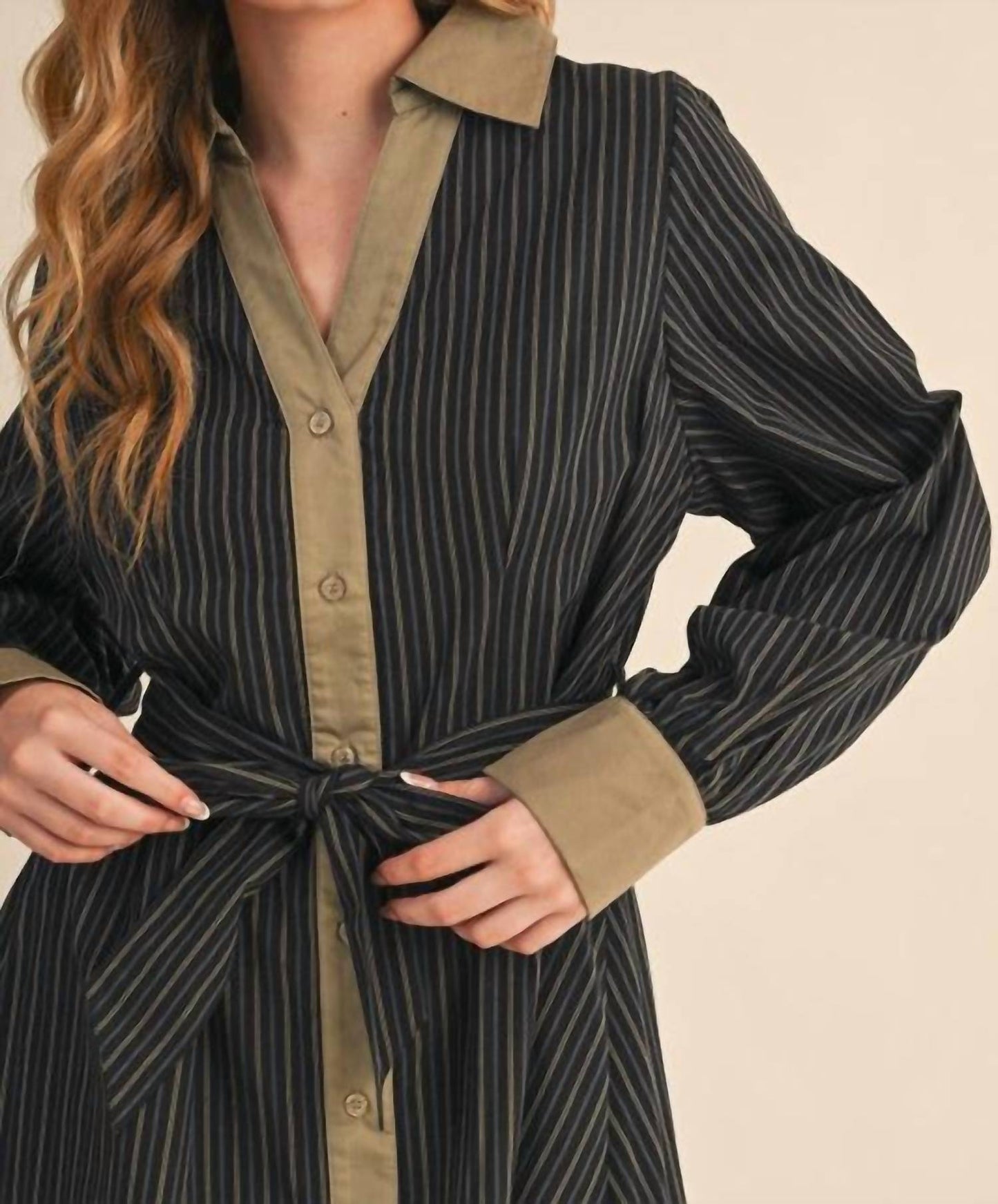 &Merci - Striped Button Down Belted Mini Dress