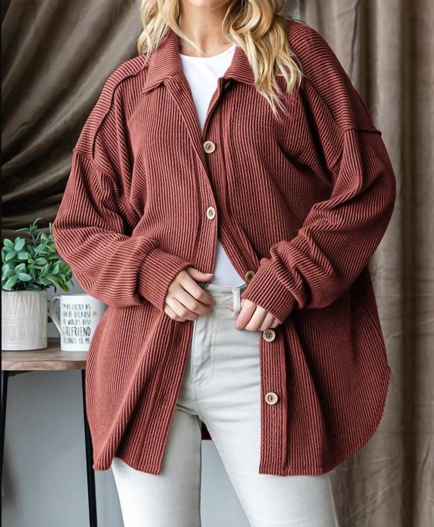 7Th Ray - Plus Size Rib Button Down Side Pocket Shacket