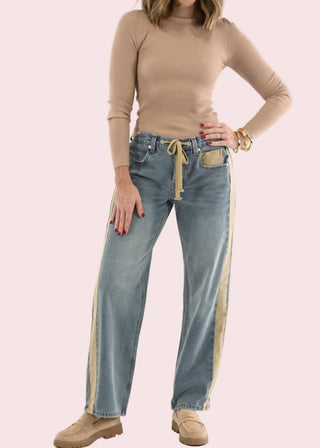 Ee:Some - Mineral Washed Drawstring Side Stripe Jeans