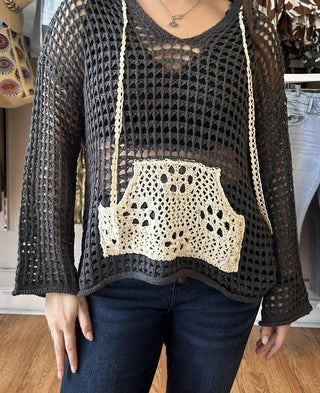 Pol - Crochet Hoodie Sweater With Contrasting Pocket Charcoal