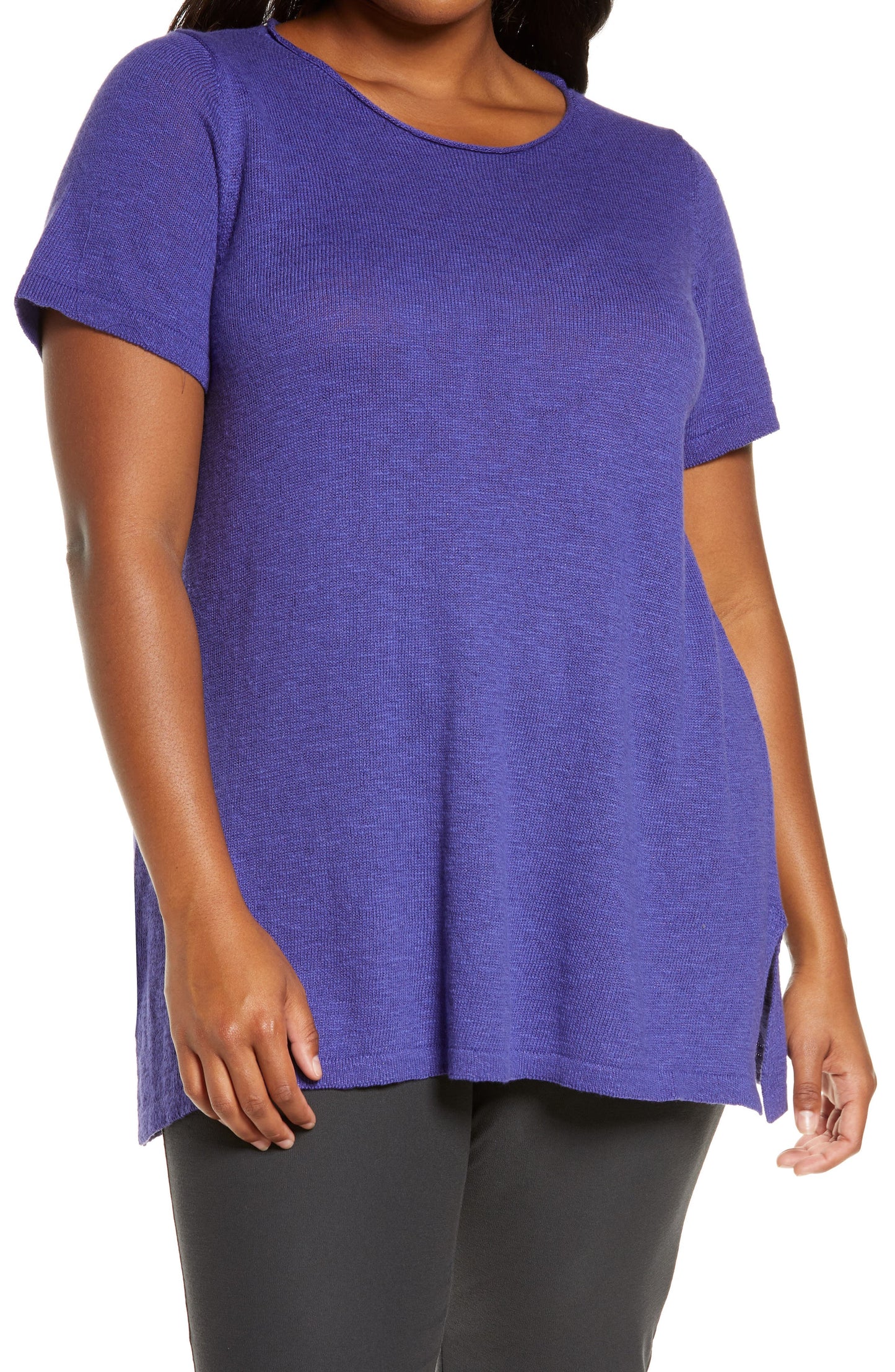 Plus Size Women's Eileen Fisher Roll Neck Organic Cotton & Linen Short Sleeve Sweater, Size 3X - Purple