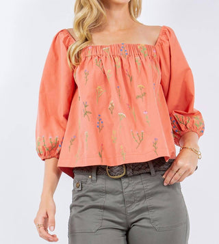 Paparazzi - Poplin Embroidered Top with Puff Sleeve