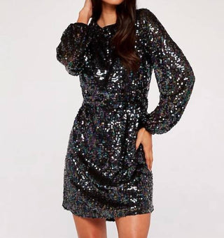 Apricot - Sequin Puff Sleeve Tie Waist Mini Dress