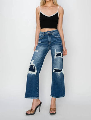 Risen - Full Size High Rise Patch Detailed Wide Leg Crop Jeans