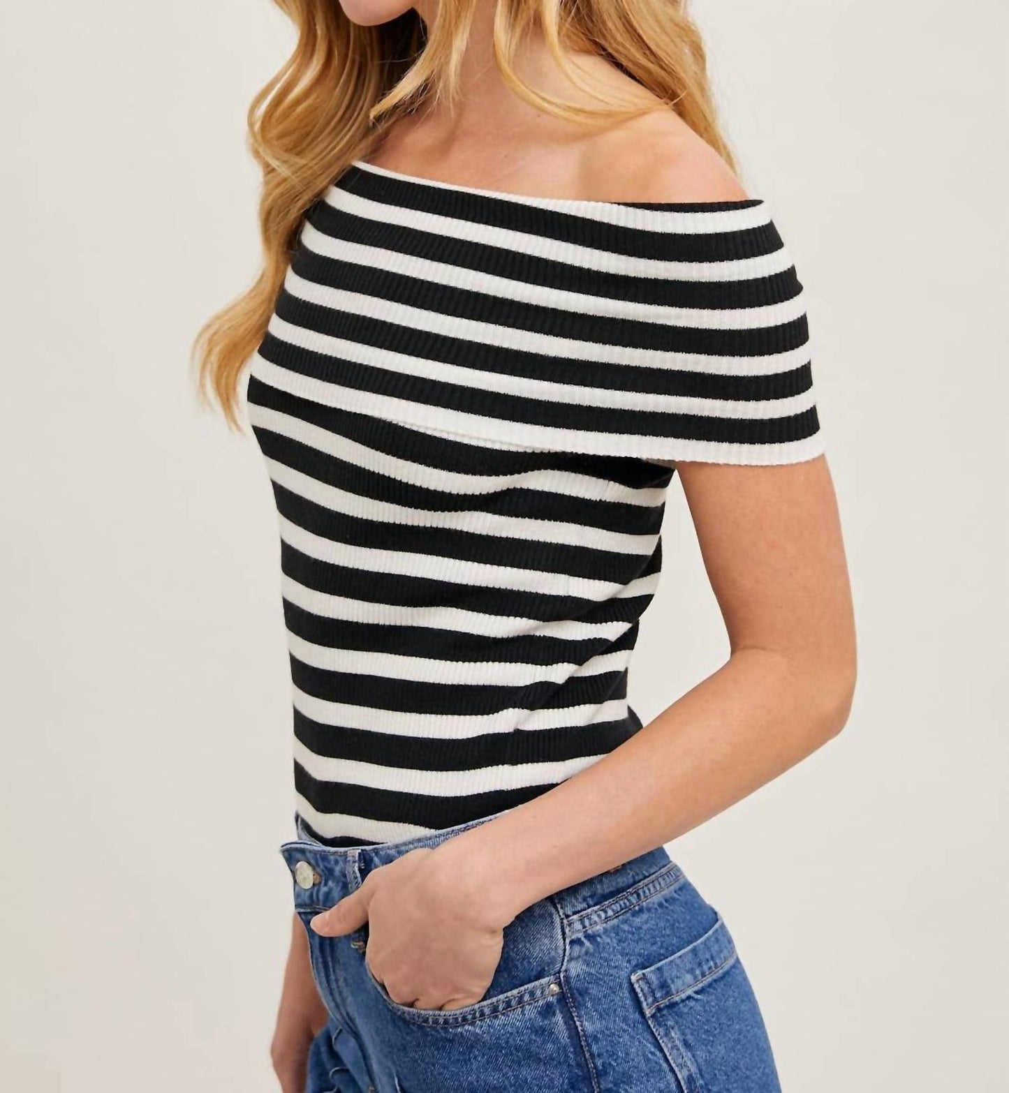 Bluivy - Seaside Off The Shoulder Striped Knit Top
