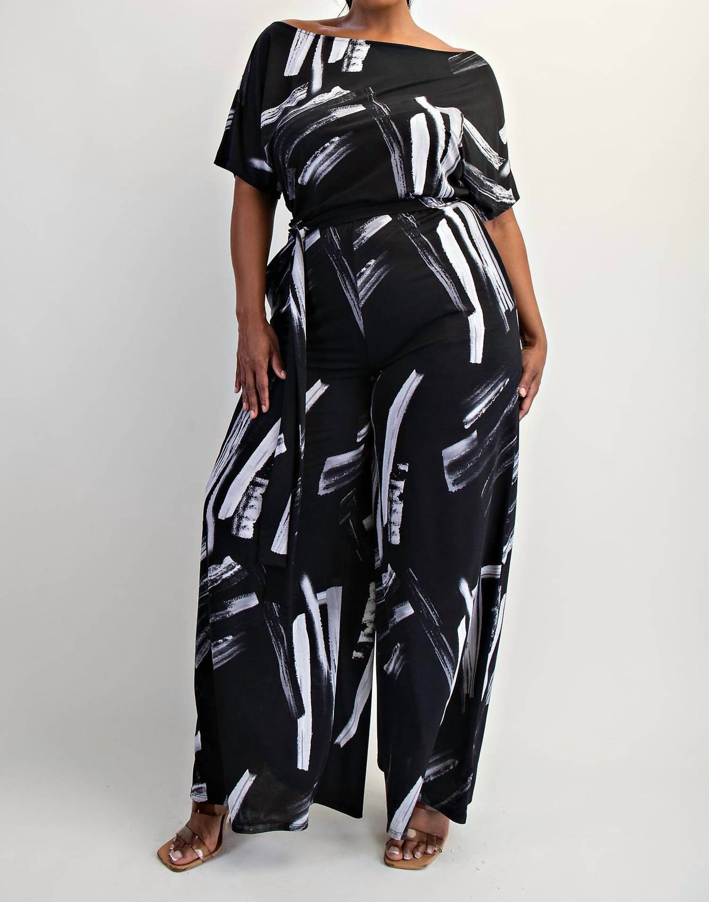 The Curve La - Plus Size Knit Off The Shoulder Wide Leg Jumpsuit