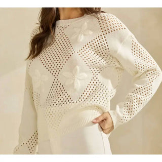 Able - Flower Embroidered Openwork Sweater Top