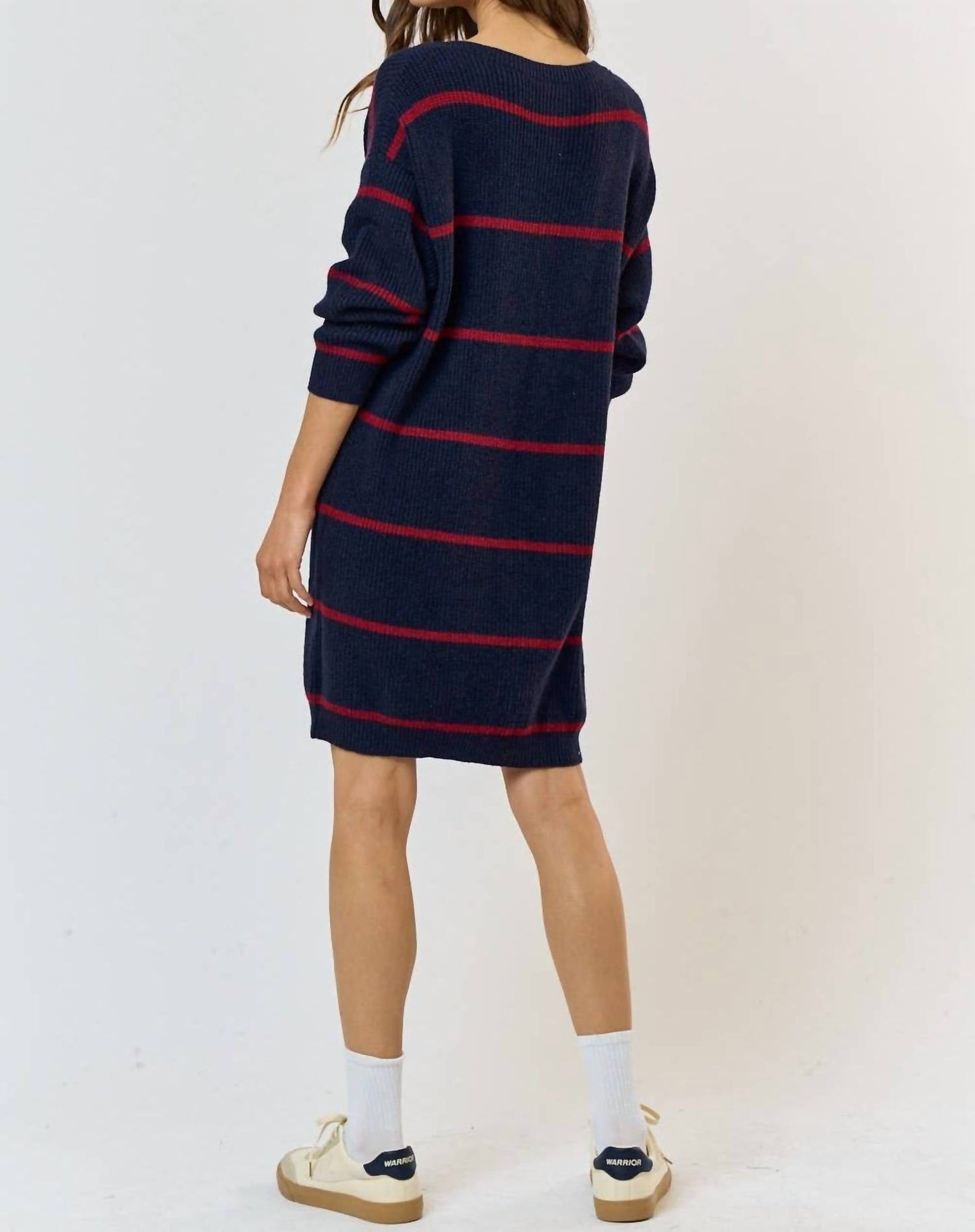 Lalavon - Stripe V-neck Sweater Mini Dress