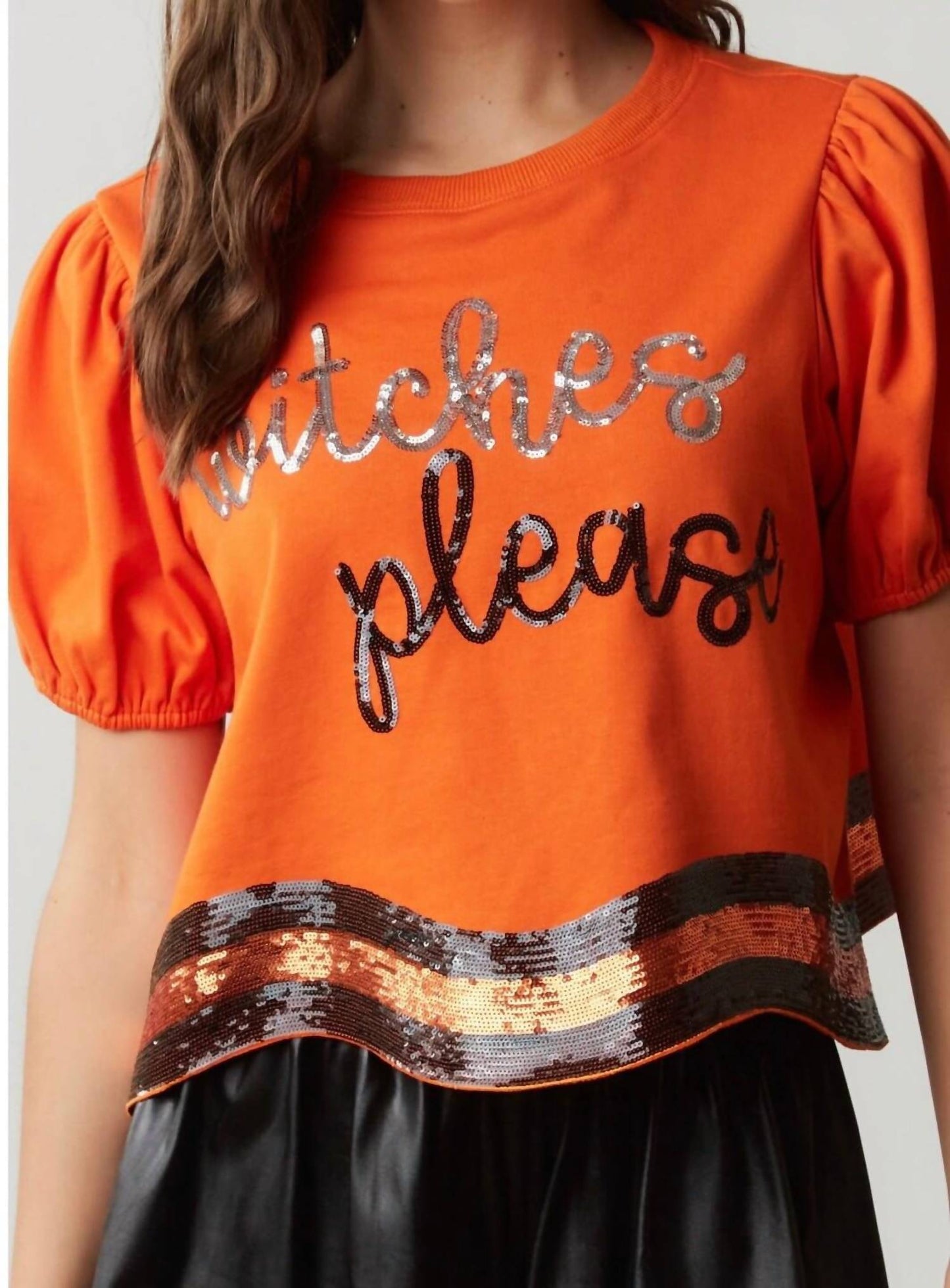 Peach Love - Witches Please Top: Sequins Embroidered Halloween Top
