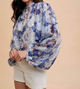 Anniewear - Flower Printed Loose Fit Button Down Volume Blouse