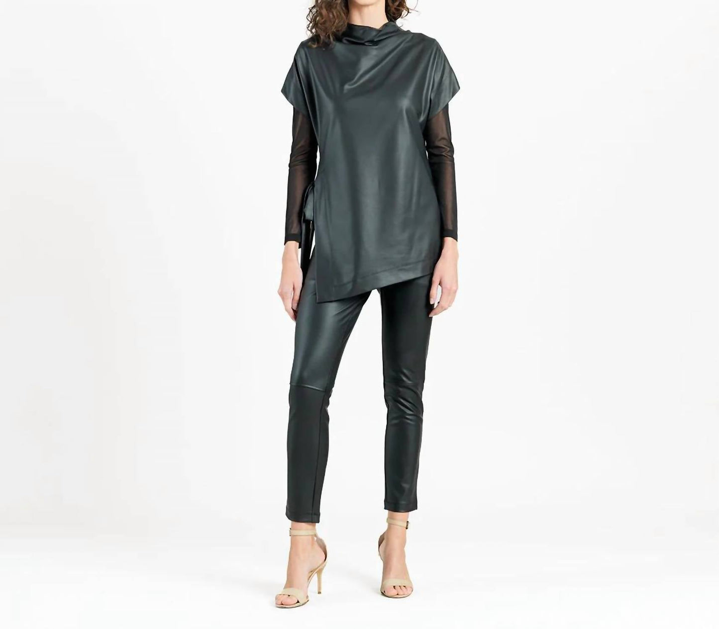 Clara Sunwoo - Liquid Leather Funnel Neck Side Vent Tie Tunic