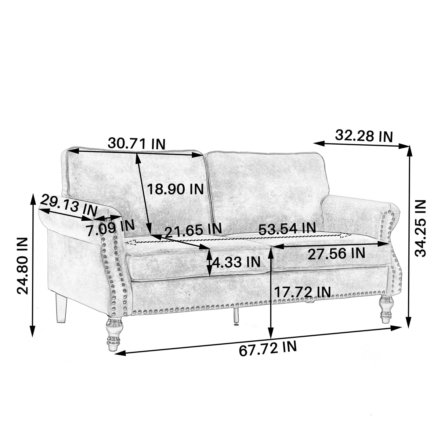 68 Inch Faux Leather Rolled Arm Sofa with Nailhead Trim