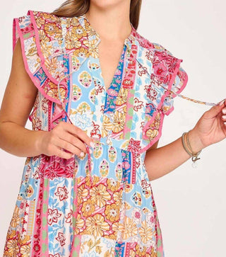 Trendsi - Umgee Full Size Tie Neck Double Layered Ruffle Sleeve Midi Dress Plus Size