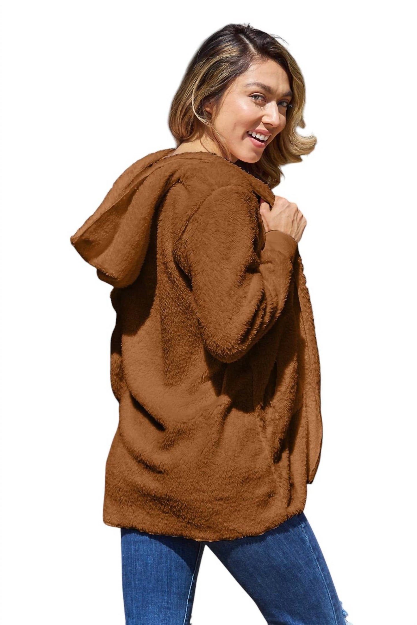 Double Take - Full Size Teddy Hooded Jacket with Pockets