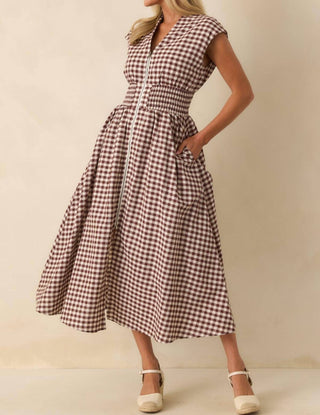 Entro - Gingham Zip Up Cotton Midi Dress