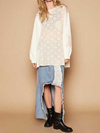 Pol - Round Neck Long Sleeve Crochet Patches Top