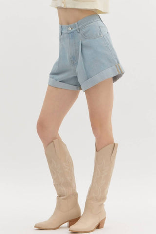 Entro - Women's Pleated Hi Waisted Denim Shorts