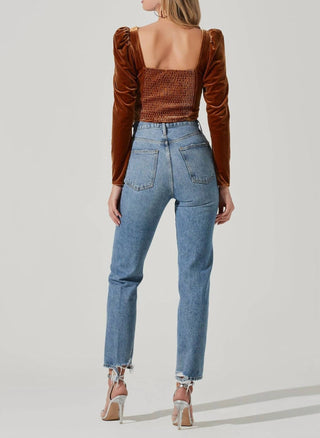 Astr - Velvet Long-sleeve Corset Top With Smocked Back