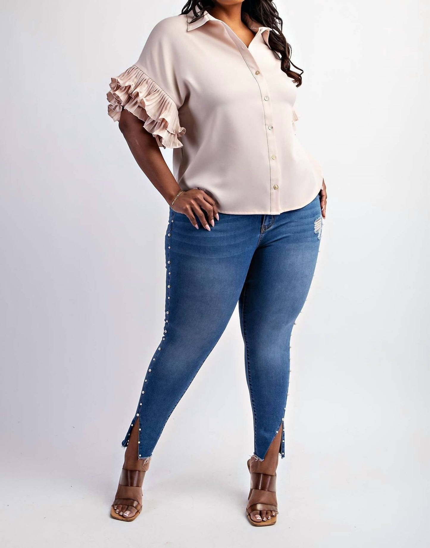 The Curve La - Plus Size Pleated Ruffle Sleeve Shirt Top