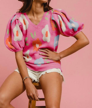 Bibi - Floral Pattern Puff Sleeves V-neck Sweater