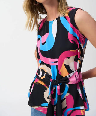 Joseph Ribkoff - Brushstroke Print Waist Sash Sleeveless Top