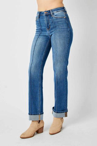 Judy Blue - High Waist Front Seam Detail & Cuffed Straight Jeans