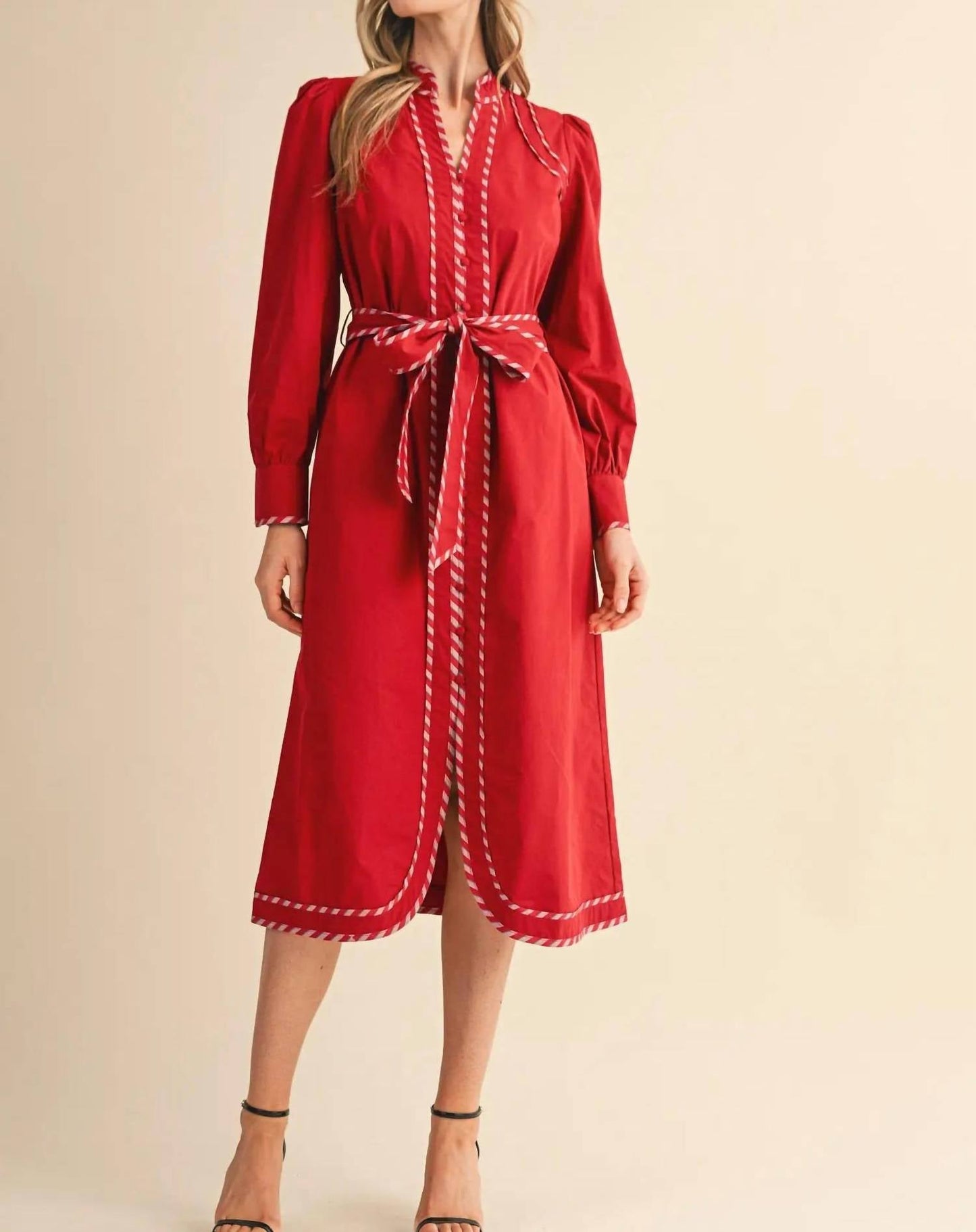 &Merci - Women's Striped Contrast Belted Midi Dress