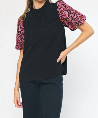 Entro - Embroidered Puff Sleeve Top