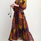 Easel - Multi-Color Patch Print Ruffle Maxi Dress
