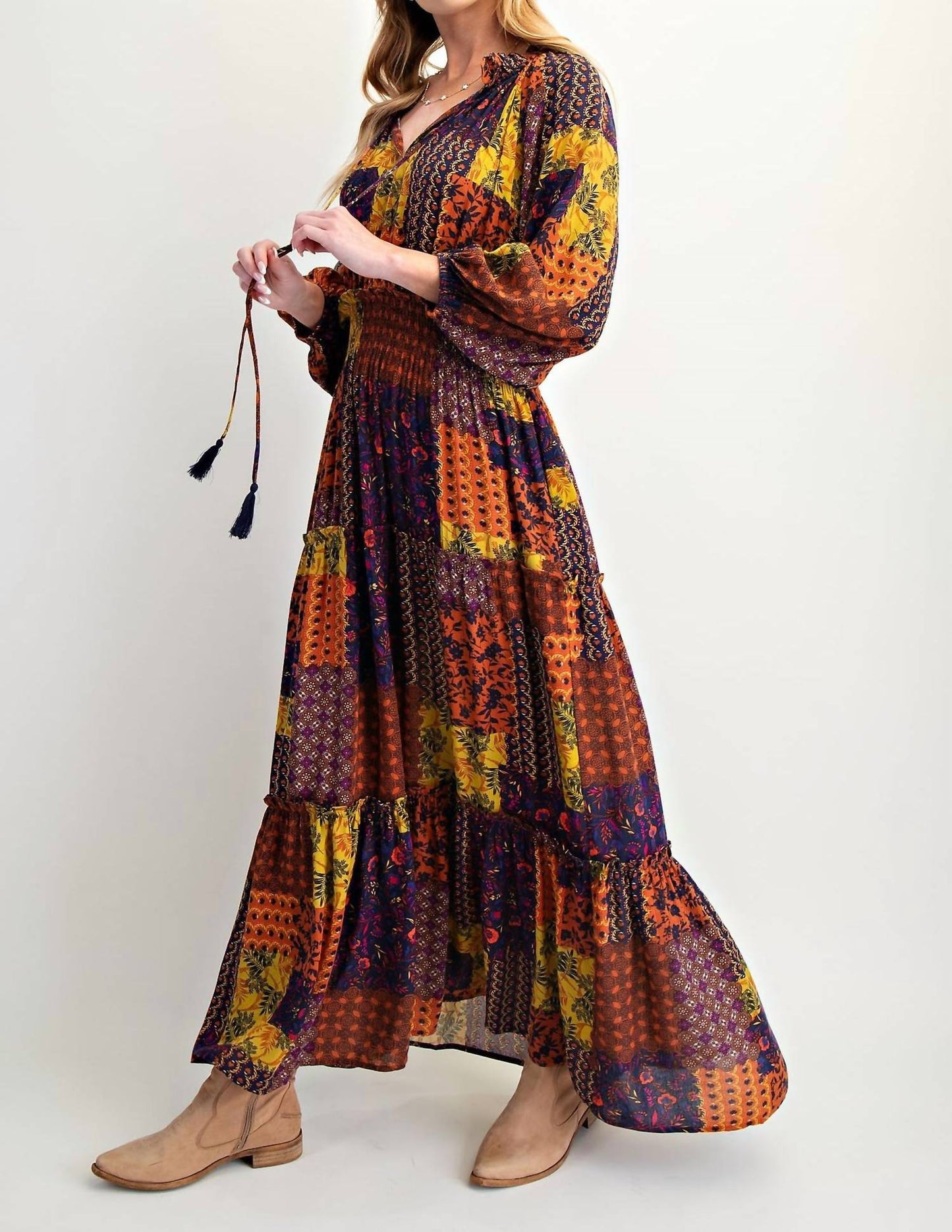Easel - Multi-Color Patch Print Ruffle Maxi Dress