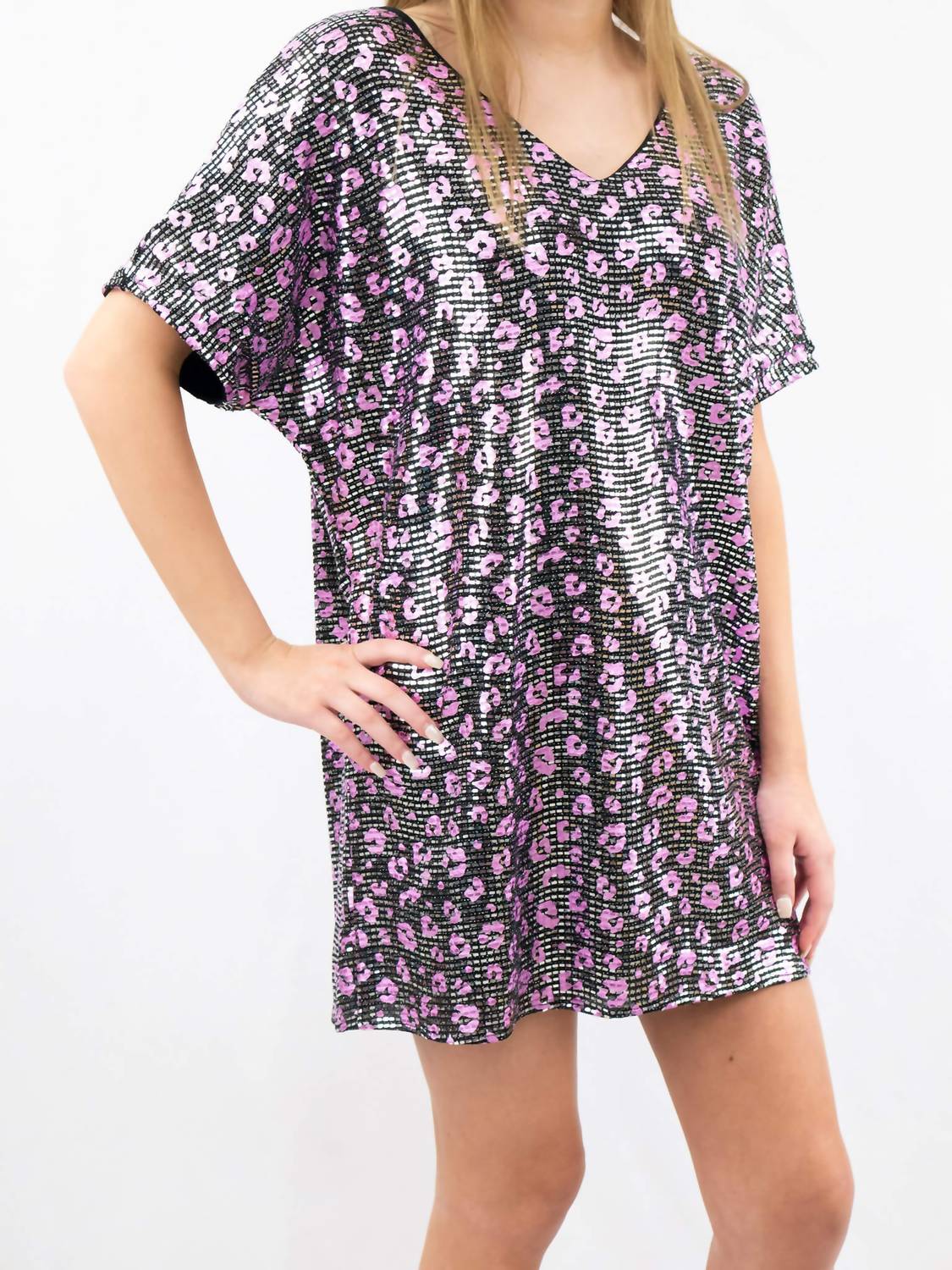 Adrienne - Animal Print Metallic Shift Mini Dress