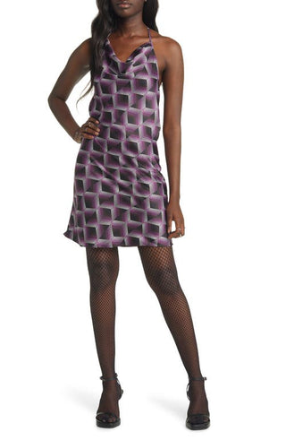 Gender Inclusive Purple Cowl Neck Satin Dress  Small