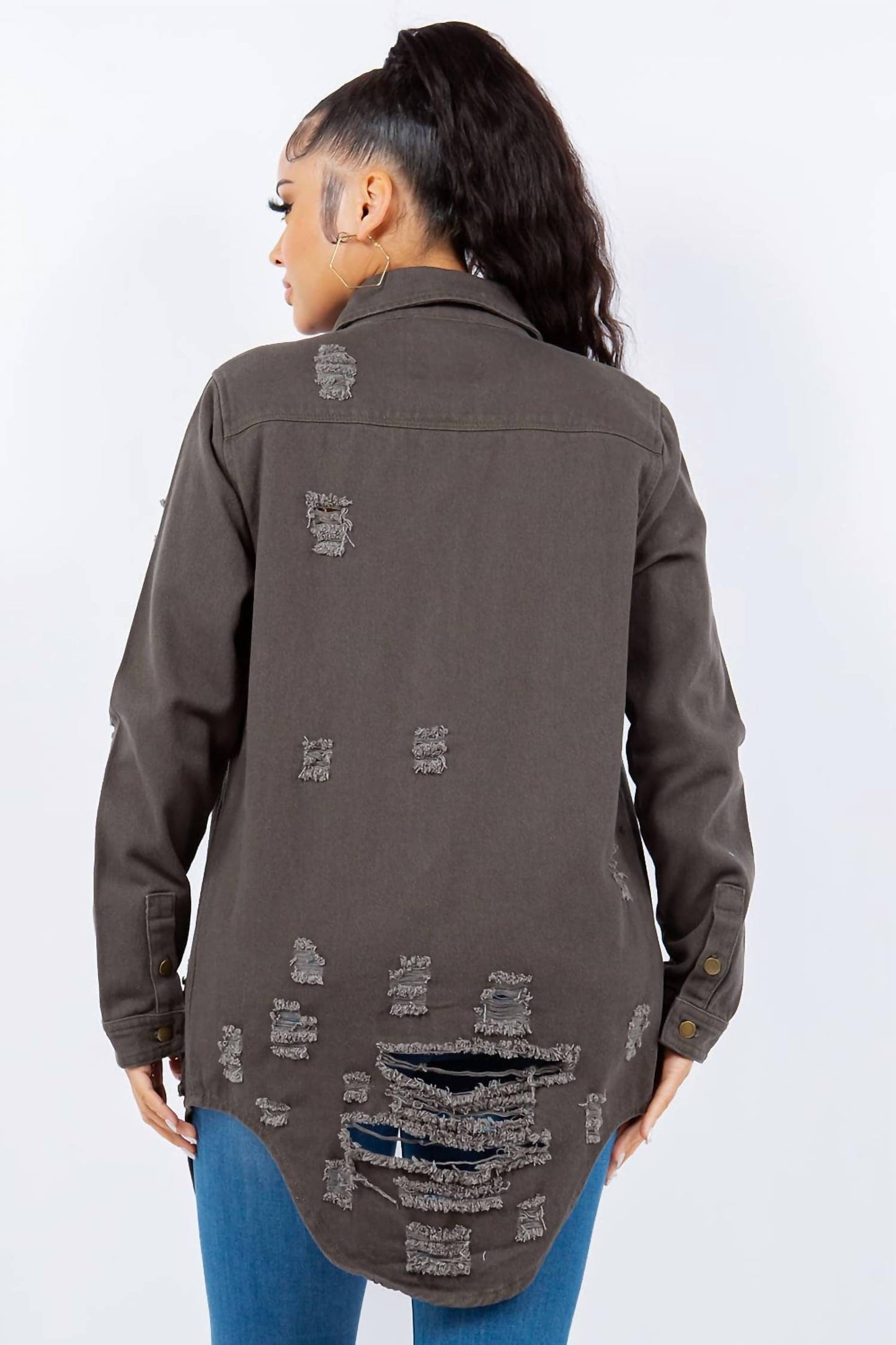 American Bazi - Distressed Button Up Long Sleeve Denim Jacket