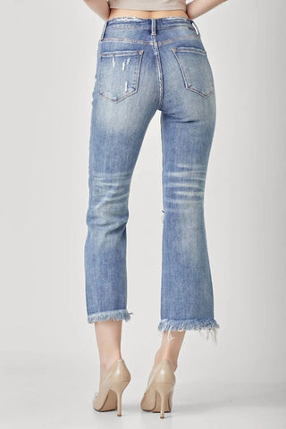 Risen - High Waist Distressed Cropped Bootcut Jeans