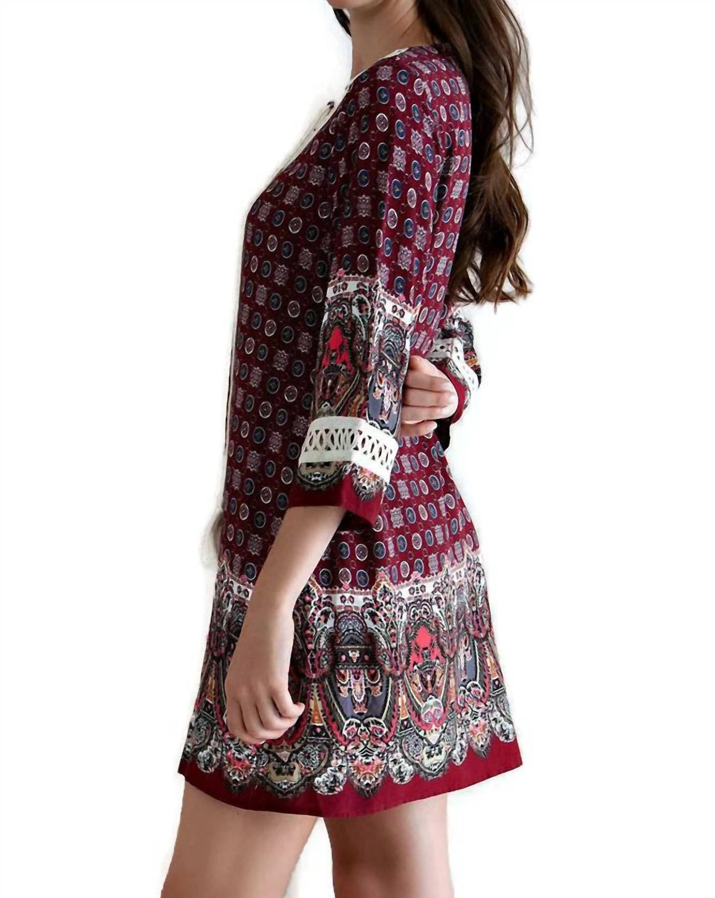 Entro - Border Print Lace Up Tassel Tie Dress